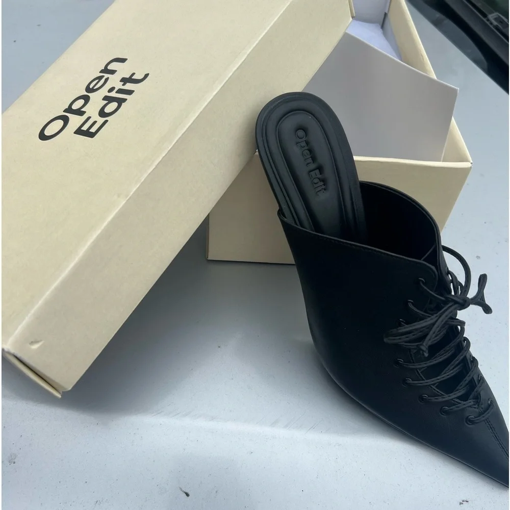 🆕OPEN EDIT Natalya Black Leather Lace Up Pointed Toe Mule Stiletto Pumps::NIB: